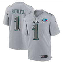 Load image into Gallery viewer, Men's Philadelphia Eagles Jalen Hurts Nike Gray Super Bowl LVII Patch Atmosphere Fashion Game Jersey