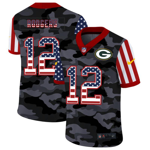 Men's Green Bay Packers Aaron Rodgers Black Camo USA Flag Limited Jersey