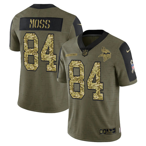 Men's Minnesota Vikings Randy Moss Camo 2021 Salute To Service Limited Player Jersey