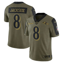 Load image into Gallery viewer, Men&#39;s Baltimore Ravens Lamar Jackson Nike Olive 2021 Salute To Service Limited Player Jersey
