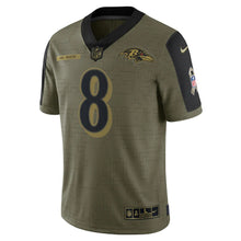 Load image into Gallery viewer, Men&#39;s Baltimore Ravens Lamar Jackson Nike Olive 2021 Salute To Service Limited Player Jersey