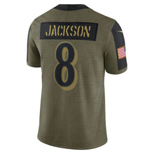 Load image into Gallery viewer, Men&#39;s Baltimore Ravens Lamar Jackson Nike Olive 2021 Salute To Service Limited Player Jersey