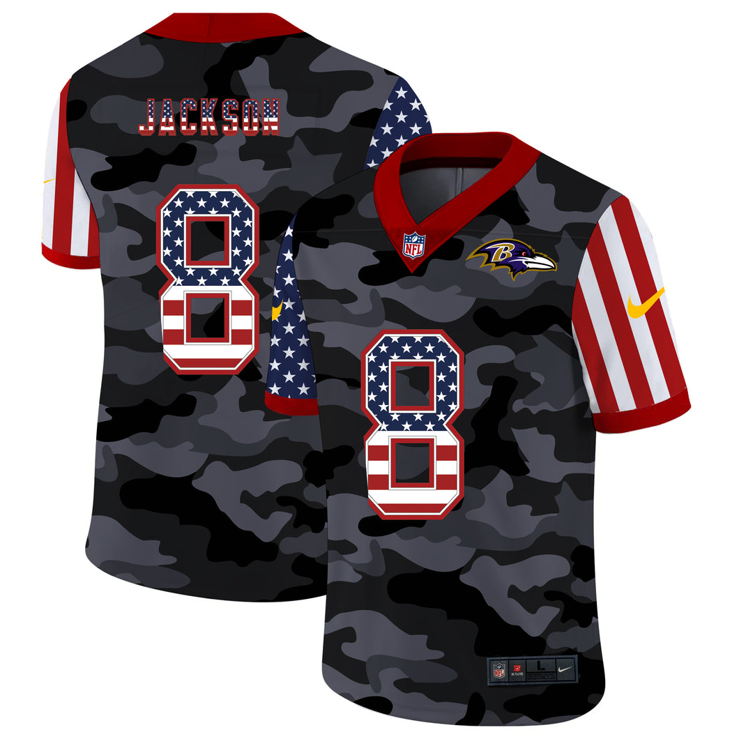 Men's Baltimore Ravens Lamar Jackson Black Camo USA Flag Limited Jersey