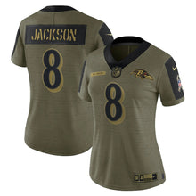Load image into Gallery viewer, Women&#39;s Baltimore Ravens Lamar Jackson Nike Olive 2021 Salute To Service Limited Player Jersey