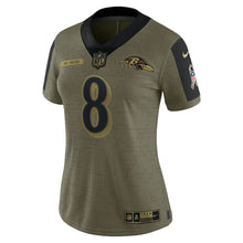 Load image into Gallery viewer, Women&#39;s Baltimore Ravens Lamar Jackson Nike Olive 2021 Salute To Service Limited Player Jersey