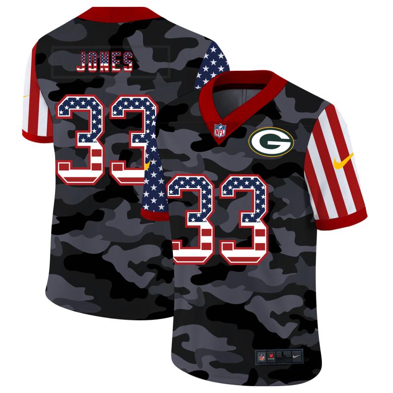 Men's Green Bay Packers Aaron Jones Black Camo USA Flag Limited Jersey