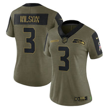 Load image into Gallery viewer, Women&#39;s Seattle Seahawks Russell Wilson Nike Olive 2021 Salute To Service Limited Player Jersey