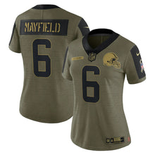 Load image into Gallery viewer, Women&#39;s Cleveland Browns Baker Mayfield Nike Olive 2021 Salute To Service Limited Player Jersey